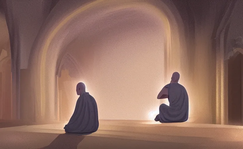 Image similar to distant monk sitting inside a peaceful marble temple while being illuminated by a ray of light, blissful, digital oil painting