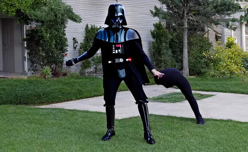 Image similar to Darth doing pushups in front of his house, 8k