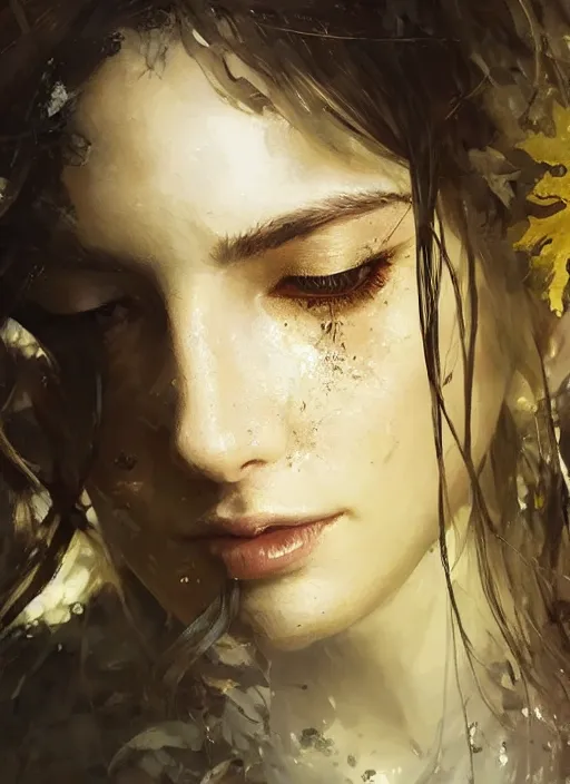 Image similar to golden leaves, beautiful portrait painting by jeremy mann, a female witch absurdly beautiful, elegant, ultrafine hyperrealistic detailed face illustration by wlop and artgerm and greg rutkowski, intricate linework, sharp focus, smooth, octopath traveler, final fantasy, unreal engine, dramatic lighting, ethereal, 8 k