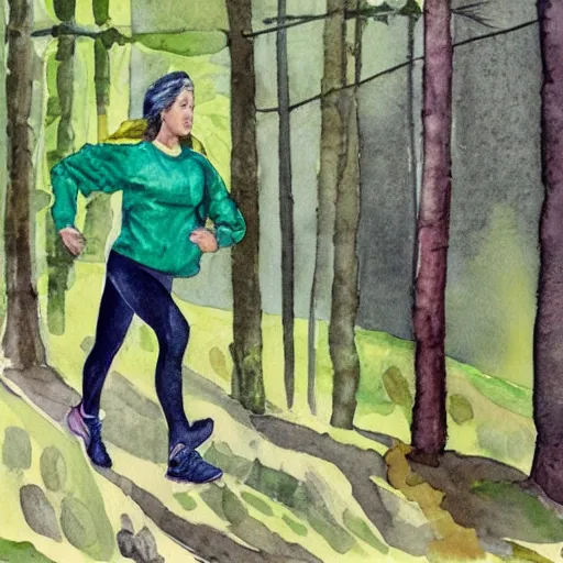 Image similar to a female orienteer wearing a green long - sleeved shirt and black tights runs in the forest, watercolor on canvas.