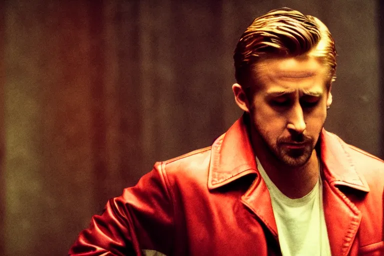 Prompt: Ryan Gosling playing Jacket in a live action adaptation of Hotline Miami, film still, dramatic lighting, 80s retro, bloody,