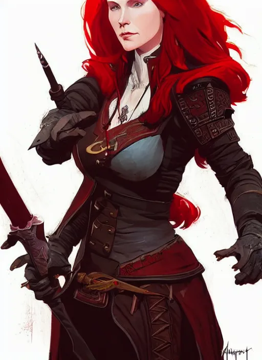 Prompt: concept art of a beautiful red haired female warlock. witcher 3 character design by laurie greasley and sherree valentine daines concept art, matte, sharp focus, illustration, hearthstone, art by artgerm and greg rutkowski and alphonse mucha