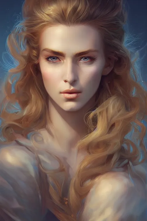 Prompt: an insanely detailed portrait of a beautiful woman facing you, highly detailed features, sparkling blue eyes, long eyelashes, long golden blonde hair, beautiful smile, in the style of peter mohrbacher, artgerm, dramatic lighting and composition, octane render, trending on artstation, concept art 8 k