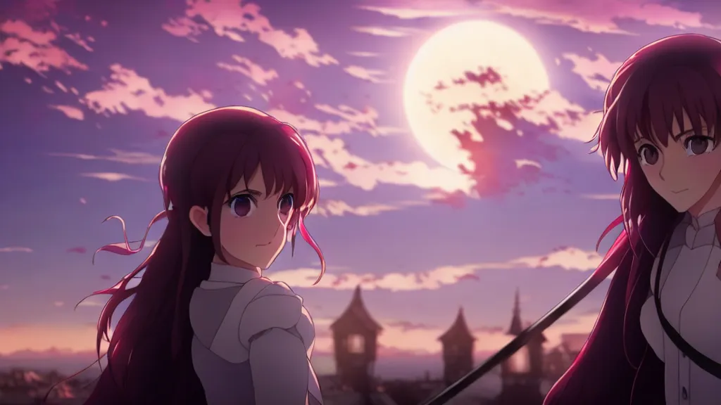 Prompt: emma watson in heavens feel movie, demon slayer, ufotable, kyoani, high quality, key visual, cinematic, city background, night time, rooftop, fate stay night, unlimited blade works, greg rutkowski, high resolution, dynamic pose, extreme close up, rin outfit, anime, high angle, high budget