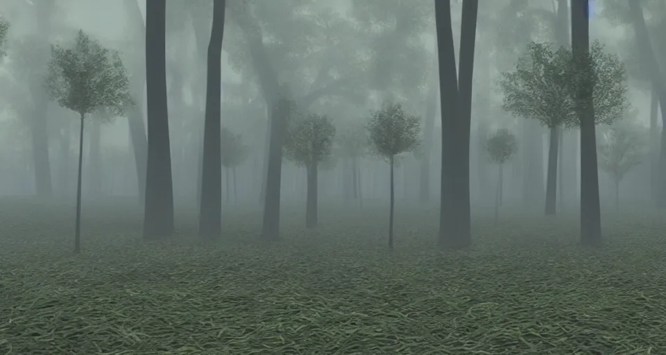 Image similar to a 3d render of a creepy foggy forest, by pixar