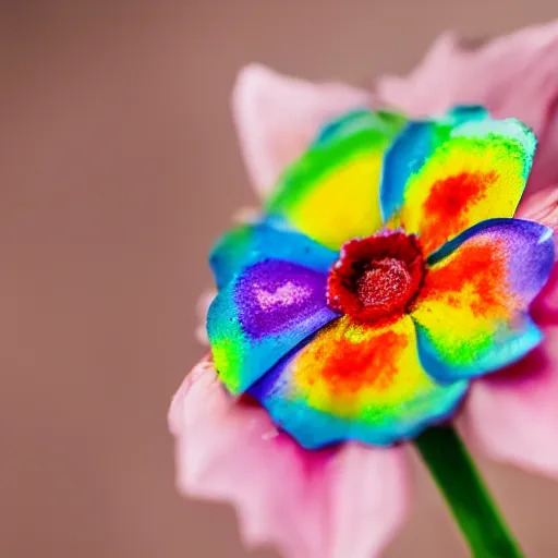 Image similar to closeup photo of rainbow - colored flower with 7 petals, held by hand, shallow depth of field, cinematic, 8 0 mm, f 1. 8