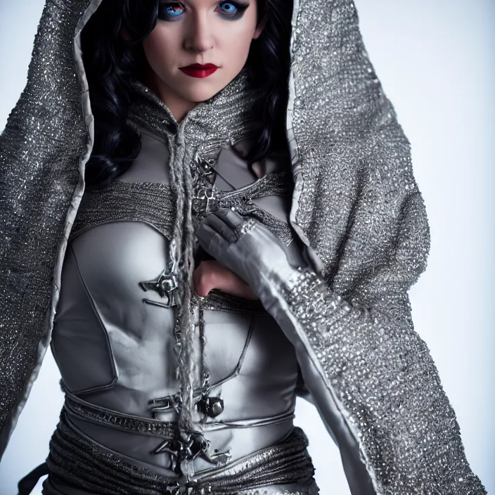 Prompt: full length photograph of a real-life beautiful female rogue with intricate silver robes, Extremely detailed. 8k