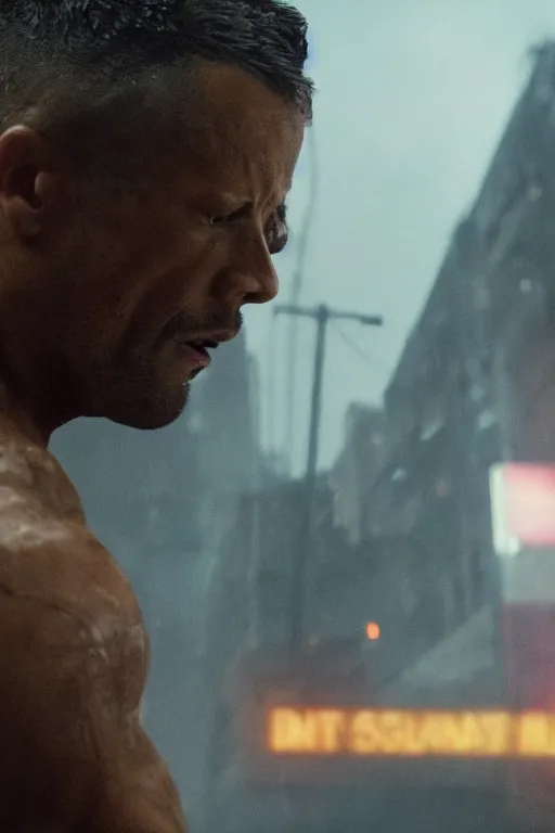 Prompt: An epic cinematic film still of Dwayne Johnson in the movie Blade Runner: 2049.