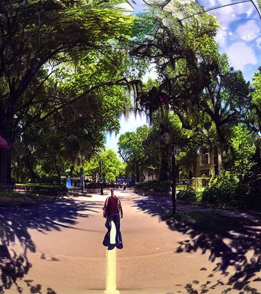 Image similar to First-Person VR POV screenshot. Walking through Savannah, Missouri. Trending on Artstation. Lighting, colors, and shading by James Gurney.