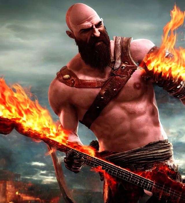 Prompt: kratos shredding on a flaming stratocaster guitar guitar, cinematic render, god of war 2 0 1 8, santa monica studio official media, lightning, stripe over eye