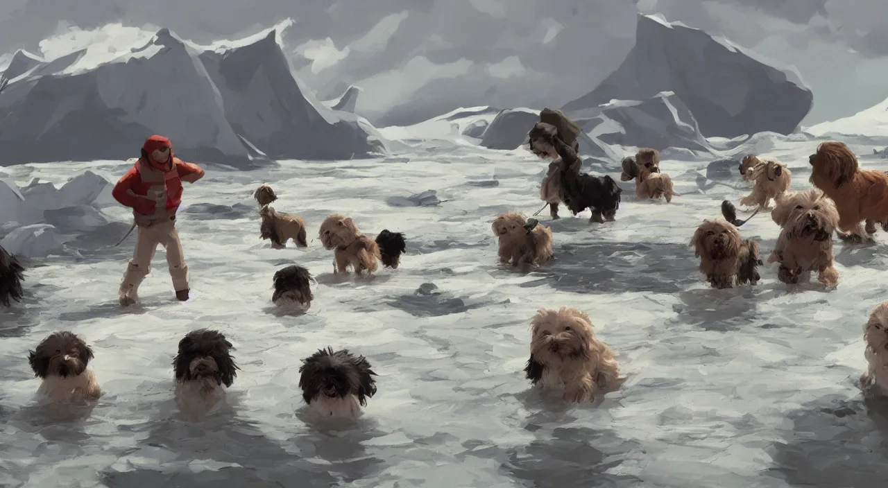 Image similar to havanese dogs dragging arctic explorers by their clothes from the water, 1 9 0 0, tartakovsky, atey ghailan, goro fujita, studio ghibli, rim light, scary, afternoon lighting, clear focus, very coherent