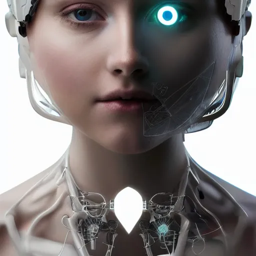 Image similar to beautiful centered fine art photo portrait of romantic beautiful girl as a solarpunk robotic humanoid, white mechanical parts with led lights, bouguereau style pose, photorealistic, white background, highly detailed and intricate, soft box lighting, hdr 8 k