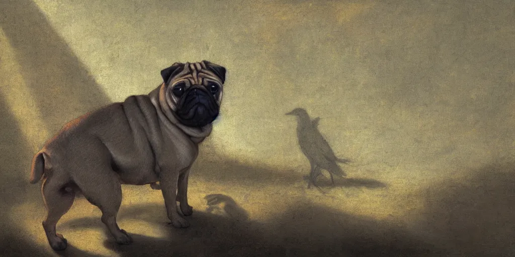 Prompt: textured full body of muscular pug dog with backlight , sun rays , big shadows, small bird sihouettes in cyan background , very textured detailed panoramic oil painting by rembrandt , hard backlight , in dark cave