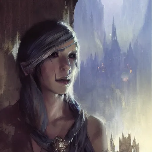 Image similar to portrait of a drow elf, dungeons and dragons character, castle background, gorgeous view, realistic, high detail, digital art, painted by greg rutkowski, painted by jeremy mann, trending on artstation