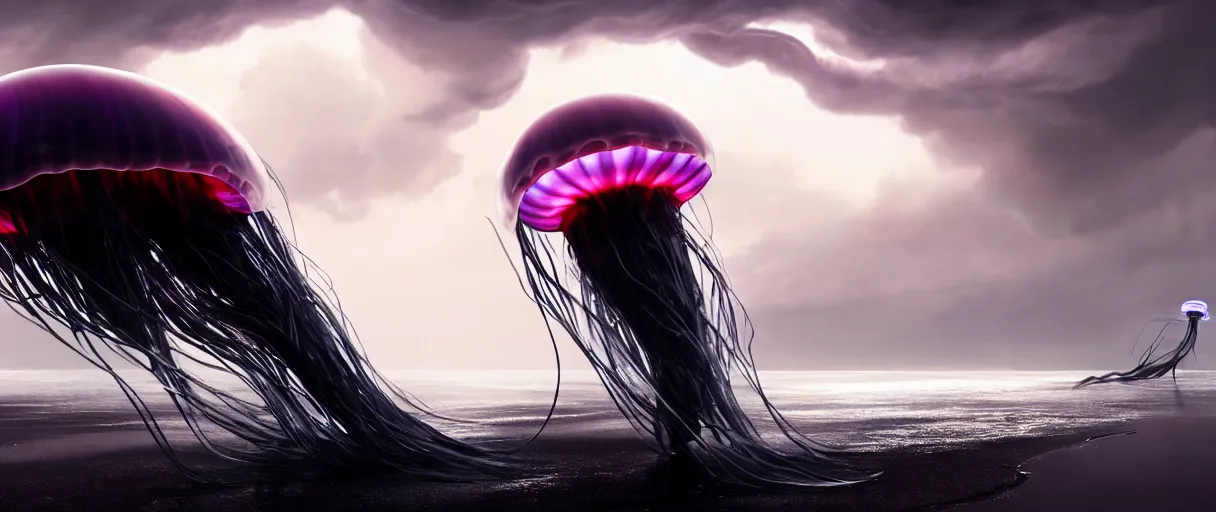 Prompt: a stunning cinematic extreme wide shot of an slick sleek smooth translucent jellyfish sea monster wearing clothes made of seaweed on a dark stormy beach, with huge luminous sad eyes, sharp claws, cgsociety, hd octane render, fantasy, artstation, deviantart, furaffinity, very very clean, super smooth, thunderclouds, thunderstorm