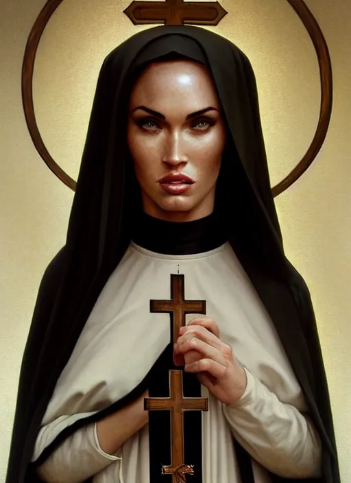 Image similar to portrait of megan fox as a nun, catholic, church, bible, christian, intrigante, headshot, highly detailed, digital painting, artstation, concept art, sharp focus, cinematic lighting, illustration, art by artgerm and greg rutkowski, alphonse mucha, cgsociety