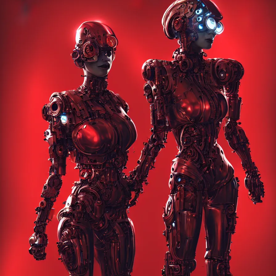 Image similar to portrait, super hero pose, red biomechanical dress, inflateble shapes, wearing epic bionic cyborg implants, masterpiece, intricate, biopunk futuristic wardrobe, highly detailed, art by akira, mike mignola, artstation, concept art, background galaxy, cyberpunk, octane render