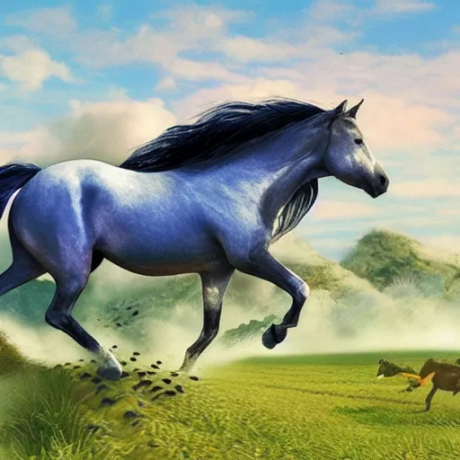 Prompt: horses made out rice galloping through the wilderness, style of Magic the Gathering