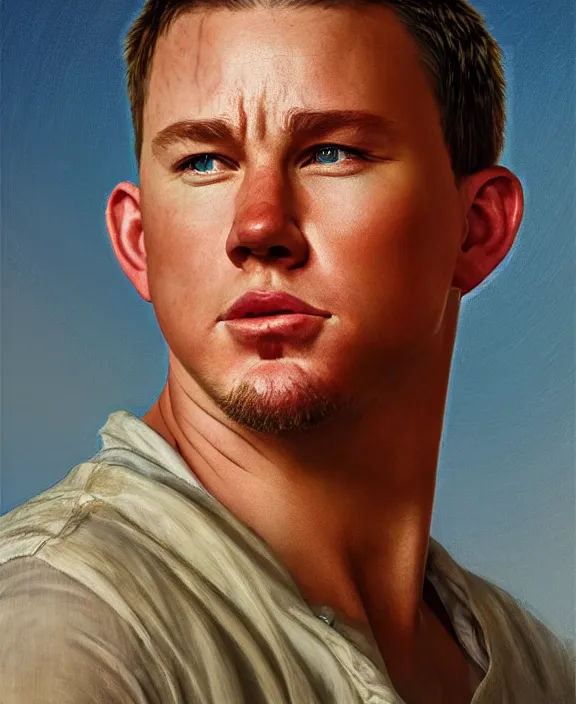 Prompt: portrait of channing tatum as an mississippi farm boy, art by denys tsiperko and bogdan rezunenko and george caleb bingham, hyperrealism