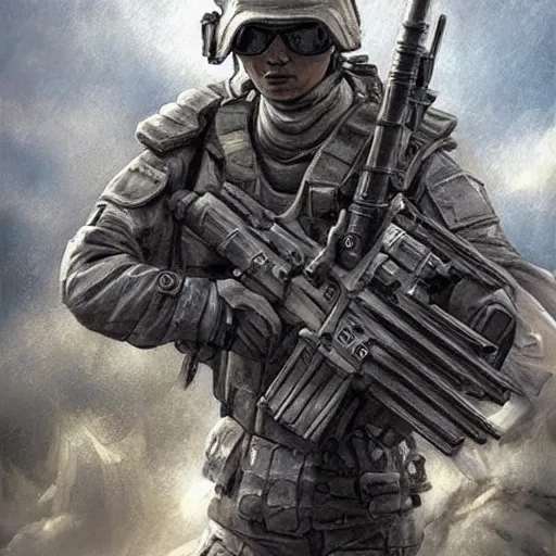 Image similar to dynamic composition, motion, ultra-detailed, incredibly detailed, a lot of details, amazing fine details and brush strokes, colorful and grayish palette, smooth, HD semirealistic anime CG concept art digital painting, watercolor oil painting of a Chinese SWAT soldier, by a Chinese artist at ArtStation, by Huang Guangjian, Fenghua Zhong, Ruan Jia, Xin Jin and Wei Chang. Realistic artwork of a Chinese videogame, gradients, gentle an harmonic grayish colors.