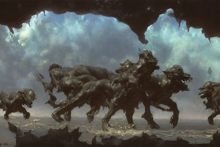 Image similar to hyperdetailed matte art of cerberus by ilya repin, amano, rene magritte, craig mullins