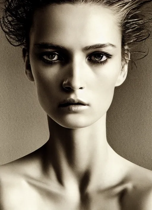 Prompt: extremely detailed, intricate photrealistic portrait beautiful female android, art by peter lindbergh,