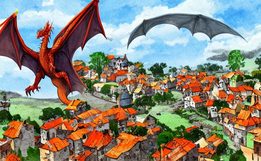 Image similar to dragon flying over a village, storybook, gouache, flat, concept art, lush, sharp focus