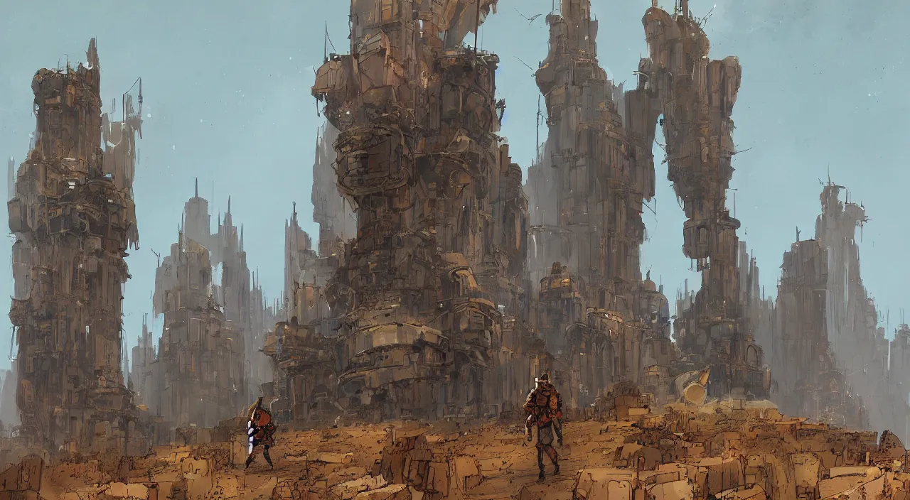 Prompt: a portrait of a character in a scenic environment, walking towards a massive structure by Ian McQue