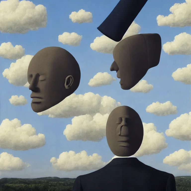 Prompt: portrait of a faceless sack - head man in a suit, clouds in the background, by rene magritte, detailed painting, distance, centered, hd, hq, high resolution, high detail, 4 k, 8 k