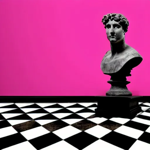Image similar to a greco - roman marble bust sits on a pink and black checkerboard tile floor, a pink wall in the background with a framed photo of a cityscape at night