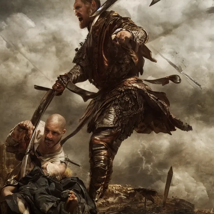 Prompt: professional photographic portrait of tom hardy as machiavelli fighting aliens with a sword strewn over the ground, renaissance style, fine art piece, incredible detail, vray rendering, high octane,