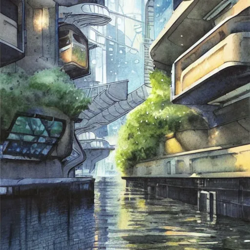 Prompt: Narrow cosy waterway in futuristic sci-fi city in harmony with nature. Nice colour scheme, soft warm colour. Beautiful detailed watercolor by Lurid. (2022)