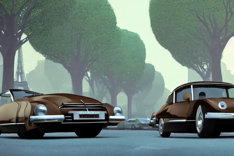 Image similar to a wholesome beautiful animation key shot of!! one!! focused!! 1 9 7 4 citroen ds!! in a paris street with trees, eiffel tower, medium wide shot, studio ghibli, ( pixar ) and disney animation, sharp, very detailed, high resolution, rendered in unreal engine 5, anime key art by greg rutkowski, bloom, dramatic lighting