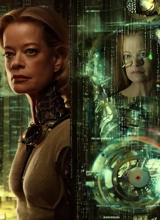 Image similar to 35mm portrait of an intricate and sophisticated borg with the face of young Jeri Ryan , on the background of a weird magical mechanical forest. Round gears visible inside her hear. Very detailed 8k. Fantasy cyberpunk horror. Sharp. Cinematic post-processing