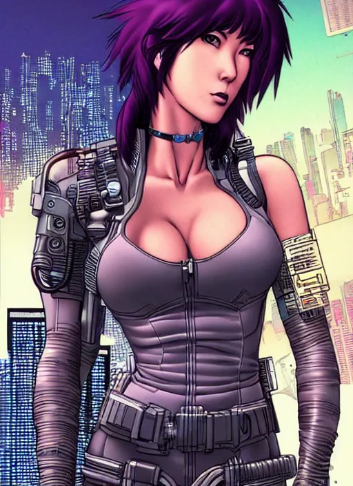 Image similar to motoko kusanagi in grungy cyberpunk megacity, intricate and finely detailed, cyberpunk vaporwave, portrait by j scott campbell, phil jimenez, ilya kuvshinov