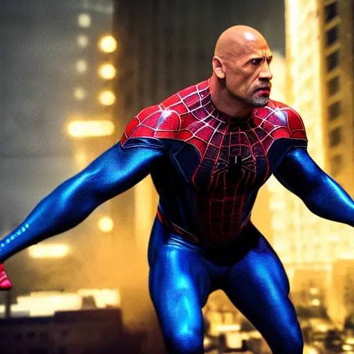 Prompt: dwayne johnson as a black and blue suit spider - man, cinematic, volumetric lighting, f 8 aperture, cinematic eastman 5 3 8 4 film, photorealistic