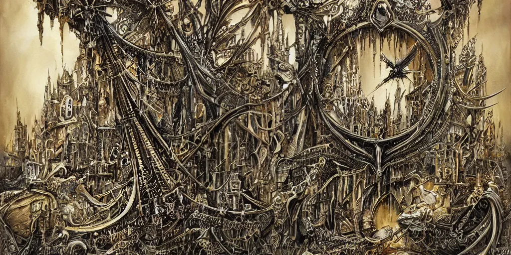 Image similar to a beautiful painting of skeleton fantasy gold world with architecture design by aaron horkey, trending on artstation