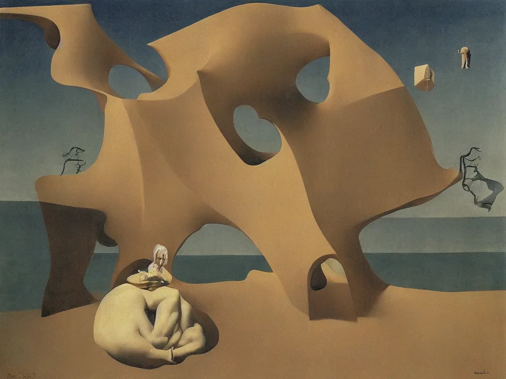 Image similar to Hermit living under the giant dress of a woman, making surreal sculptures in the sand. Still life with teeth. Zurbaran, Rene Magritte, Jean Delville, Max Ernst, Roger Dean