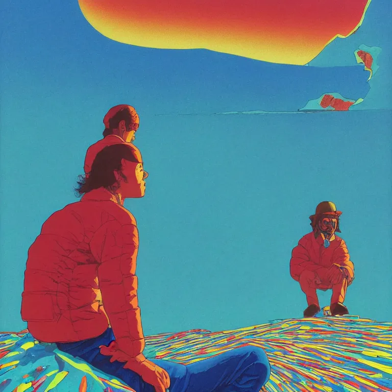 Prompt: a ultra - vibrant closeup portrait of a man sitting on a box of fireworks and blotter papers of lsd acid and dreaming psychedelic hallucinations in the vast icy landscape of antarctica, by kawase hasui, moebius and edward hopper, colorful flat surreal design, hd, 8 k, artstation