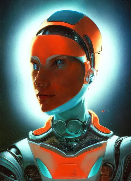 Prompt: symmetry portrait of a cyborg female scientist, visor, cinematic light, backlight glow, teal orange, mist, by gerald brom, by mikhail vrubel, by peter elson, muted colors, extreme detail, trending on artstation, 8 k