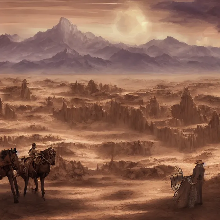 Image similar to old west style city in the middle of a vast sandy flat desert with a single mountain on the very distant horizon. magic the gathering art, digital media