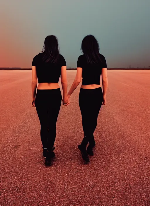 Image similar to cinestill 5 0 d photographic portrait of 2 women holding hands, wearing black techwear in front of a brutalist brushed metal building, closeup, on a desolate plain with a red sky, dystopia, cyberpunk, closeup, depth of field, 4 k, 8 k, hd, full color