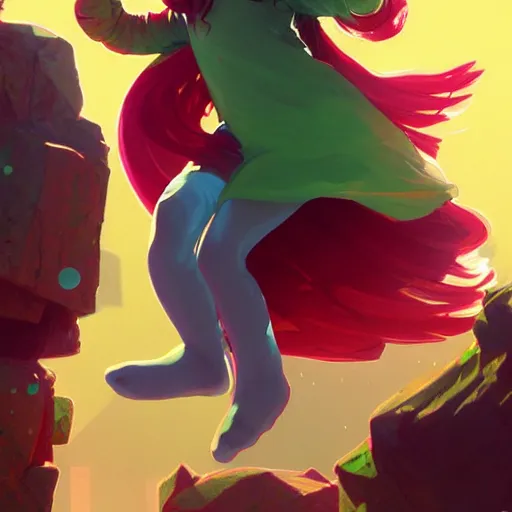 Image similar to madeline from celeste jumping to a green jelly bubble, ( ( ( blue bubble jacket ) ) ) ( ( ( red long hair ) ) ), highly detailed, digital painting, artstation, concept art, sharp focus, illustration, art by greg rutkowski and alphonse mucha