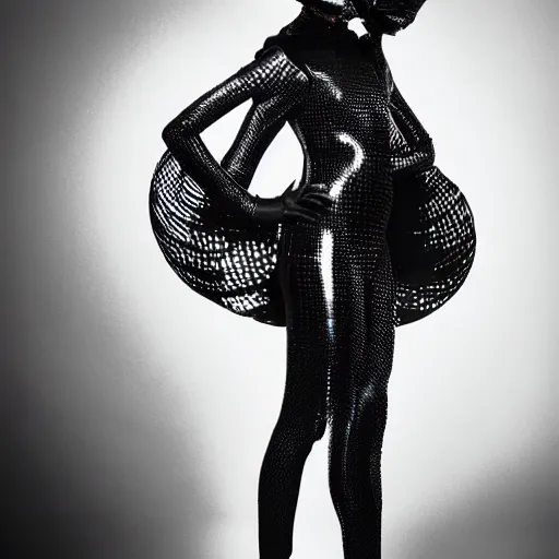 Prompt: fashion photography of an extraterrestrial model, wearing demobaza fashion, inside berghain, berlin fashion,, futuristic fashion, dark minimal outfit, photo 3 5 mm leica, hyperdetail, berghain, 8 k, very detailed, photo by nick knight