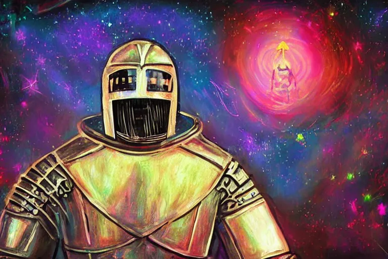 Image similar to digital art of a spiritual medieval knight wearing suit of armor looking up at the stars, acrylic art, universe, painting, pastel colors, synthwave, retro, cyberpunk,