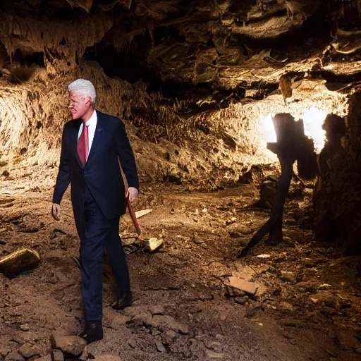 Prompt: Bill Clinton exploring an abandoned cave, photography, torches,