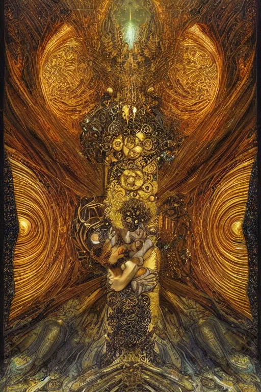 Prompt: Divine Chaos Engine by Karol Bak, Jean Deville, Gustav Klimt, and Vincent Van Gogh, visionary, sacred fractal structures, ornate gilded medieval icon, spirals, 8k 3D