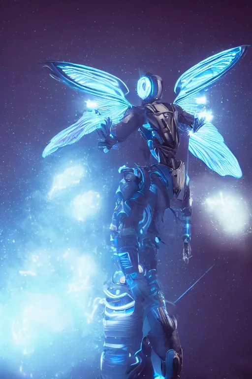 Image similar to full body celestial confident man in futuristic armor, blue glowing double Hummingbird wings, floating in air, beautiful lighting, post processing, ultra realistic details, hyper real, unreal engine 5, octane render, dof