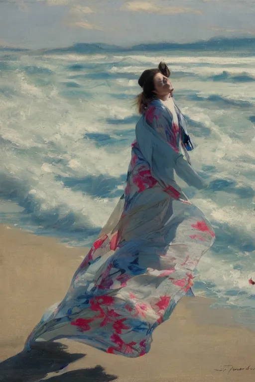 Image similar to wind, koi, kimono, beach, fabric blowing in the wind, sunlight, jeremy lipking, joseph todorovitch