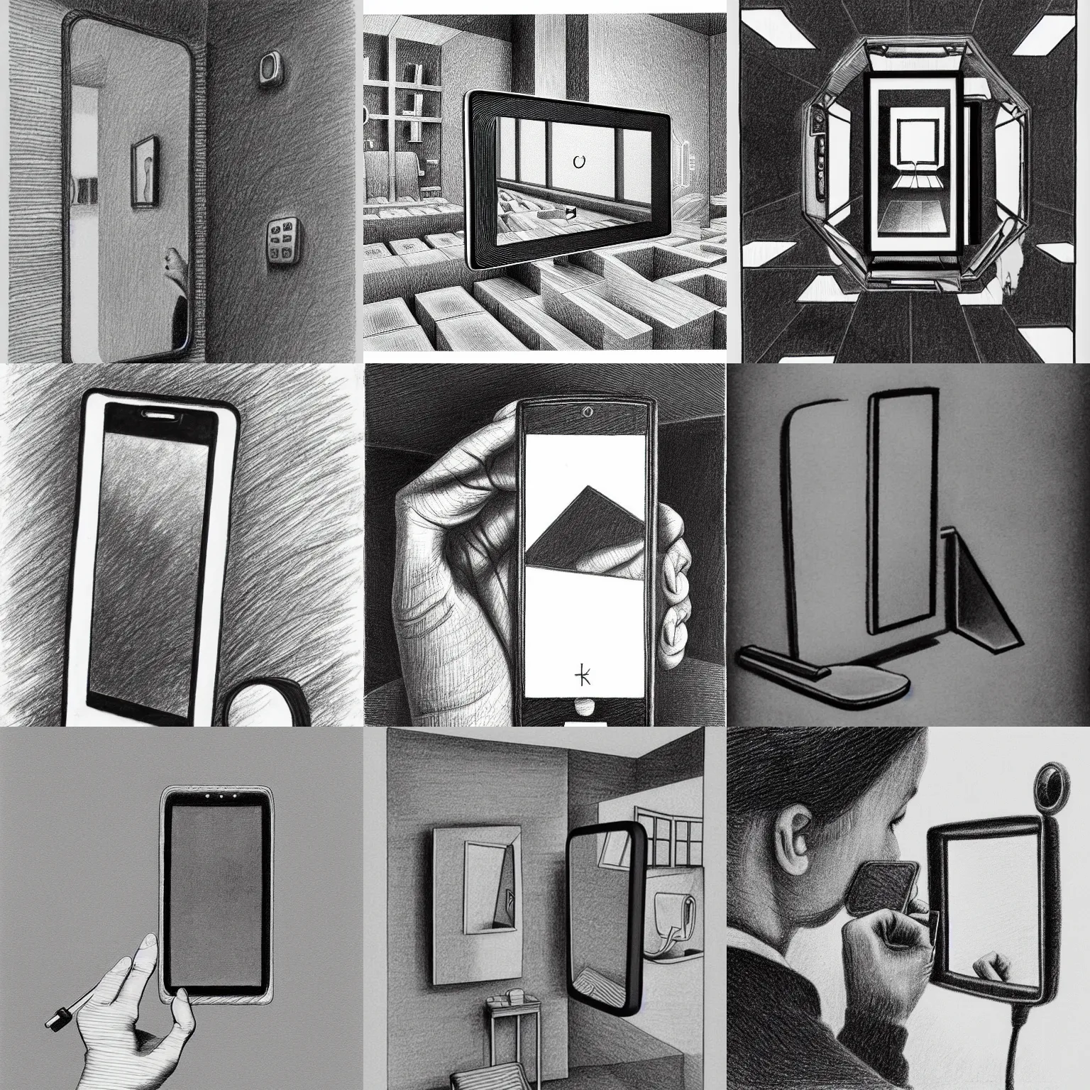 Prompt: pencil drawing of a floating smart phone taking a picture of itself in a mirror by itself, the phone screen contains infinite phones, infinite recursion, pencil art, in the style of m. c. escher, clean, detailed